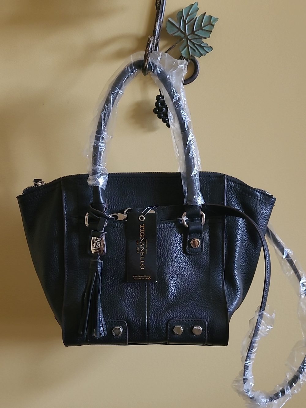 Tignanello Black Pebble Leather Satchel with Tassel